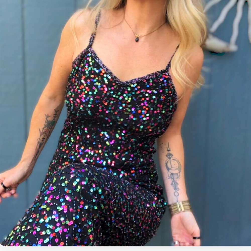 Vintage silk rainbow sequin gown - Picture 2 of 11